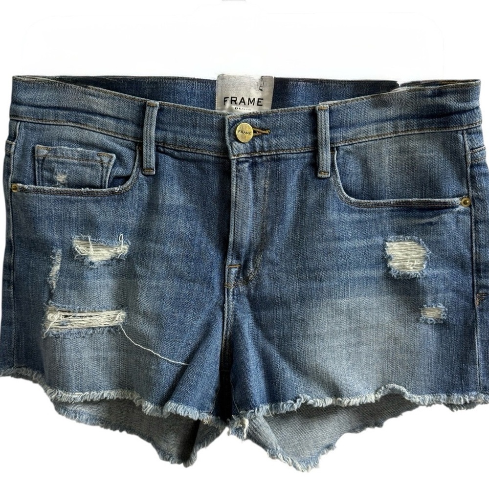 FRAME LE CUT OFF DENIM SHORTS SIZE 28 BLUE MID RISE DISTRESSED RAW HEM - Picture 4 of 12